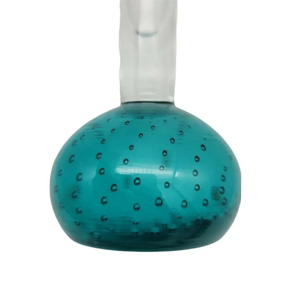 Vintage Teal Bubble Base Blown Glass Vase Narrow Mid Century Modern Smooth 8